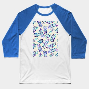 Hand Painted Purple & Aqua Leaf Pattern on Cream Baseball T-Shirt